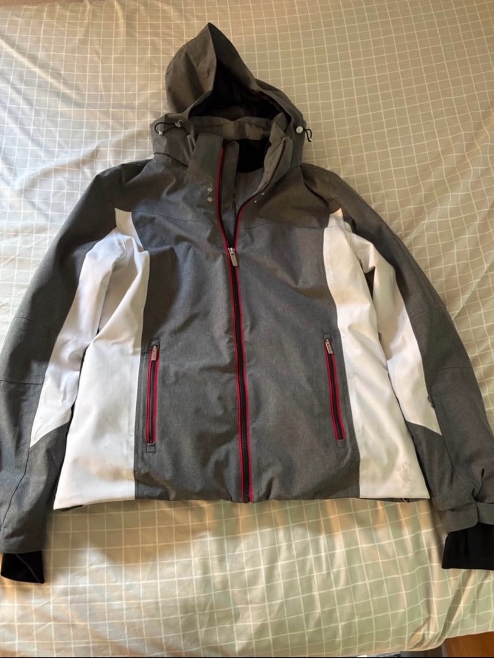 Women's Gray and White Ski Jacket with Red Accents